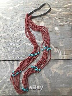 Vintage Old Pawn Dead Pawn Coral Necklace With Turquoise Glass Beads