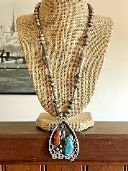 Vintage Old Pawn Sterling Silver Bench Bead Turquoise Coral Pendant Necklace 925