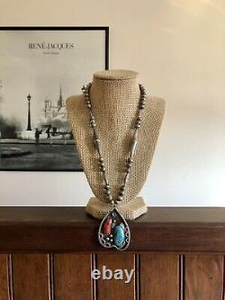 Vintage Old Pawn Sterling Silver Bench Bead Turquoise Coral Pendant Necklace 925