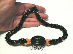 Vintage Onyx Coral Bakelite Gold Bead Necklace Twisted 17 Inches 69 Grams