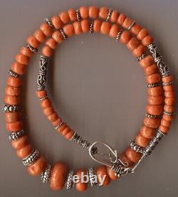 Vintage Peach Coral Chinese Antique Necklace Sterling Clasp N316