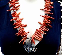Vintage Peyote Bird Chilli Coral Necklace Cross 925 Sterling Silver Jewelry Rare