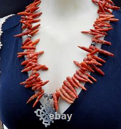 Vintage Peyote Bird Chilli Coral Necklace Cross 925 Sterling Silver Jewelry Rare