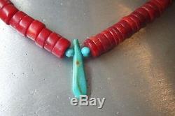 Vintage Peyote Bird Red Coral And Turquoise Heishi Bead Necklace Sterling Silver