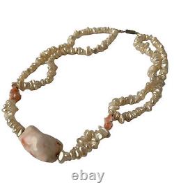 Vintage Pink Coral Bead Necklace Freshwater Pearls Angel Skin