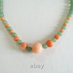 Vintage Pink Coral and Jade Bead Necklace 7 to 14mm 16.5 In 925 Silver