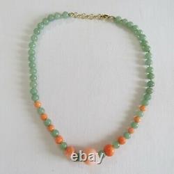 Vintage Pink Coral and Jade Bead Necklace 7 to 14mm 16.5 In 925 Silver