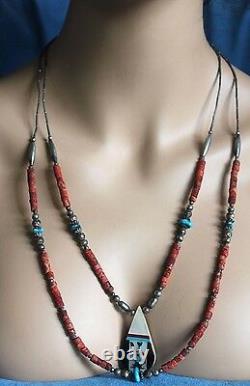 Vintage Pueblo Kewa Inlay Turquoise Coral Silver Bead Double Layering Necklace