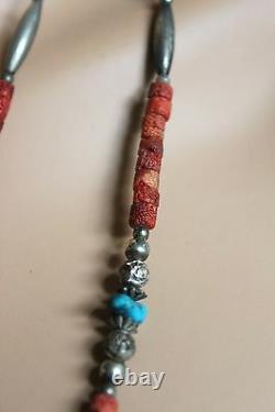 Vintage Pueblo Kewa Inlay Turquoise Coral Silver Bead Double Layering Necklace