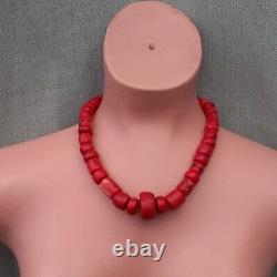 Vintage RED CORAL Necklace with Silver Dog Clip LARGE BAMBOO CORAL BEADS 175g