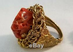 Vintage, Rare Miriam Haskell Gold Tone, Orange Faux Coral/beads Ring & Necklace