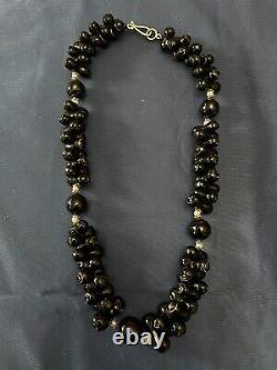 Vintage Rare Piece Genuine Black Coral Yusur Beaded Necklace with Silver