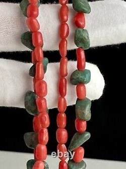 Vintage Red Coral Bead & Turquoise 16 Multi Strand Necklace Layered 31.75g