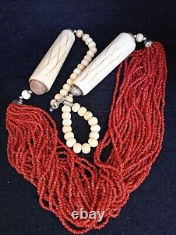 Vintage Red Coral and Bone Necklace