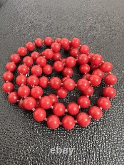 Vintage Red Round Coral Beaded Necklace Sterling Silver 32