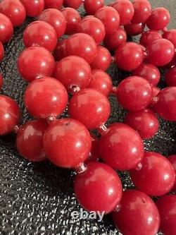 Vintage Red Round Coral Beaded Necklace Sterling Silver 32