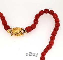 Vintage Retro 1940s Sardinian Red Coral Bead Diamond Necklace in 18K Yellow Gold