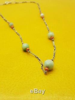 Vintage Retro Jade & Coral Beaded Necklace 9ct White Gold Chain Good Condition