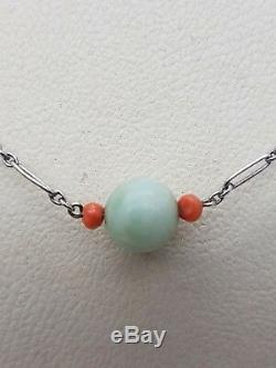 Vintage Retro Jade & Coral Beaded Necklace 9ct White Gold Chain Good Condition