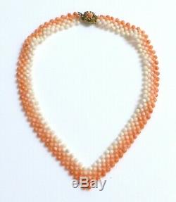 Vintage Retro Mid-Century Woven V Shape Pink Coral Bead Necklace Gold Gilt Clasp