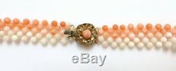 Vintage Retro Mid-Century Woven V Shape Pink Coral Bead Necklace Gold Gilt Clasp