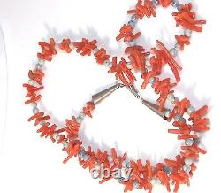 Vintage Salmon Branch Coral Blue bead 26 Necklace Silver cones 7f 37