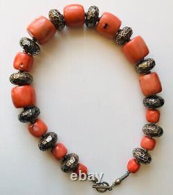 Vintage Salmon Coral And Sterling Silver Necklace Large Beads 18