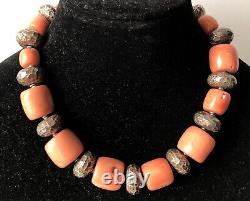 Vintage Salmon Coral And Sterling Silver Necklace Large Beads 18
