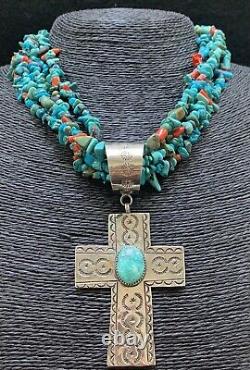 Vintage Santo Domingo Turquoise Red Coral Beads Silver Cross Pendant Necklace
