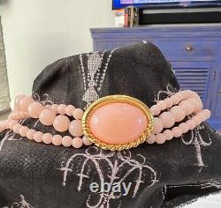 Vintage Signed TRIFARI 3 Strand Faux Angel Coral Pink Beads Gold Necklace 17 #3