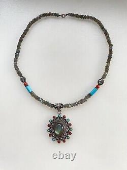 Vintage Silver 925 Labradorite, Red Coral & Turquoise Statement Necklace 19.5