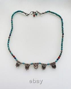 Vintage Silver Amerindian Navajo Necklace Turquoise Coral & Lapis Lazuli 18