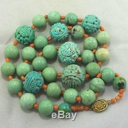Vintage Silver Chinese CARVED Shou Turquoise Salmon Coral Bead Necklace 24 71g