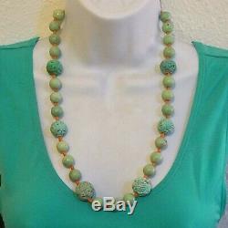 Vintage Silver Chinese CARVED Shou Turquoise Salmon Coral Bead Necklace 24 71g