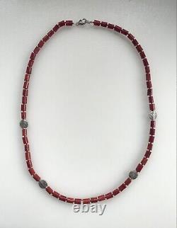 Vintage Silver Natural Hand Carved Large Tibetan Red Coral Beaded Necklace 21.3
