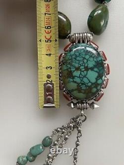 Vintage Silver Tibetan Gao Box Locket Pendant & Turquoise Coral Heavy Necklace