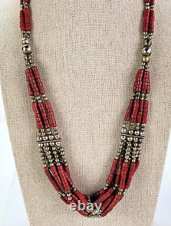 Vintage Silver-Tone Dark Red Coral Bead Necklace 22 in Hook Clasp