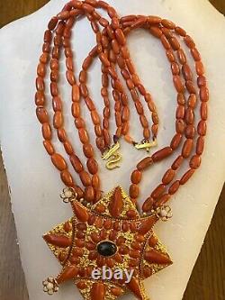 Vintage Solid 24K Yellow Gold Tibetan Gawu With Undyed Coral Beads Necklace