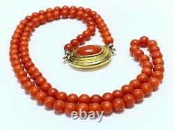 Vintage Solid 8K Yellow Gold Clasp Natural Mediterranean Red Coral Bead Necklace