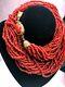 Vintage Sophisticated Red Multi-strand Coral Necklace Gold Coral Cabochon Clasp