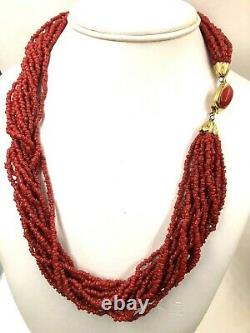 Vintage Sophisticated Red Multi-strand Coral Necklace Gold Coral Cabochon Clasp