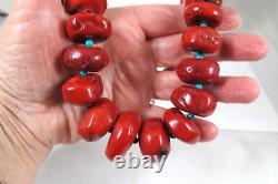 Vintage Sterling Large Bamboo Coral Turquoise Bead Necklace