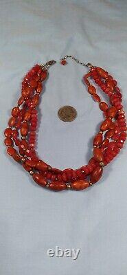 Vintage Sterling Natural Mediterranean Red Coral / Quartz 4 Strand Necklace