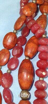 Vintage Sterling Natural Mediterranean Red Coral / Quartz 4 Strand Necklace