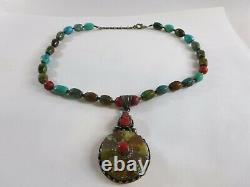 Vintage Sterling Silver Bedouin Turquoise Coral Beaded Necklace Pendant KCA6