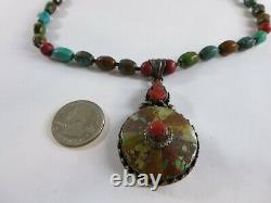 Vintage Sterling Silver Bedouin Turquoise Coral Beaded Necklace Pendant KCA6