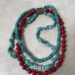 Vintage Sterling Silver Red Coral Beads Turquoise Stone Three Strand Necklace
