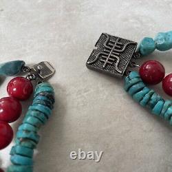 Vintage Sterling Silver Red Coral Beads Turquoise Stone Three Strand Necklace