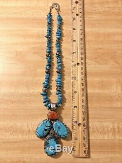 Vintage Sterling Silver Turquoise Coral Pendant Necklace Stamped Bench Beads 925