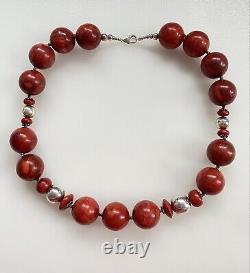 Vintage Sterling Silver XXL Red Sponge Coral Beads Necklace Choker 17.3 44 Cm